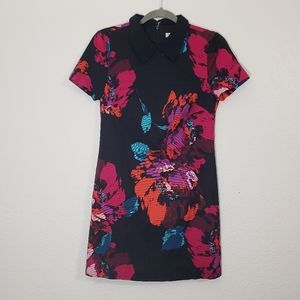 Trina Turk black jewel toned floral collared shift dress. Size 6